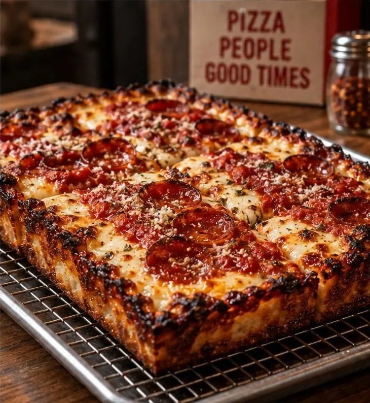 A Detroit-style pizza on a cooling rack