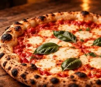 A Neapolitan pizza with basil and a charred crust
