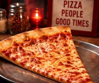 A New York slice on a metal tray