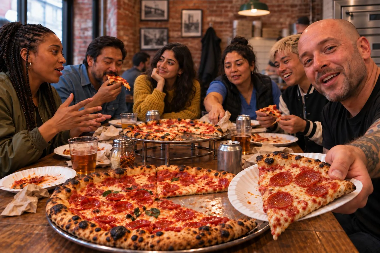 Six people sharing pizza at a neighborhood pizzeria; one holds out a slice to you