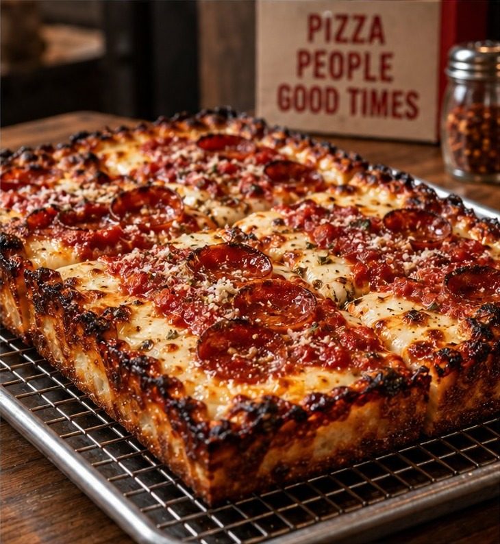 A Detroit-style pizza on a cooling rack